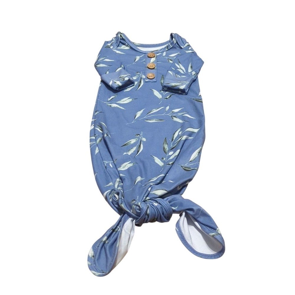 Caden Lane Blue Green Fern Baby Knot Gown 0-3M Botanical Henley Sleepwear